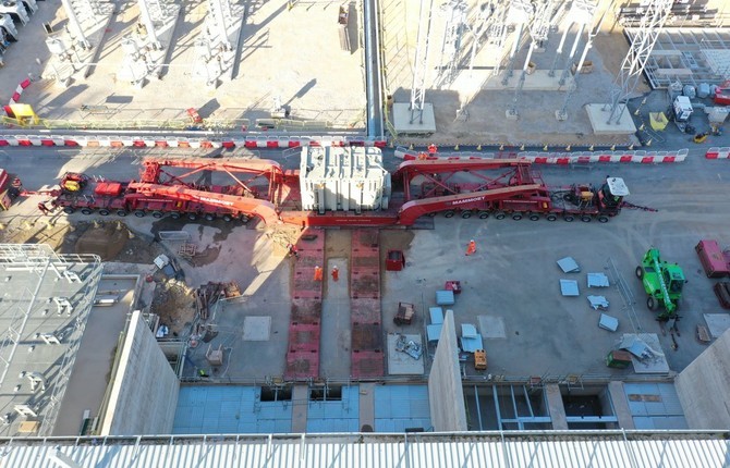 Aerial view of electricity transformer arriving at UK Viking Link site