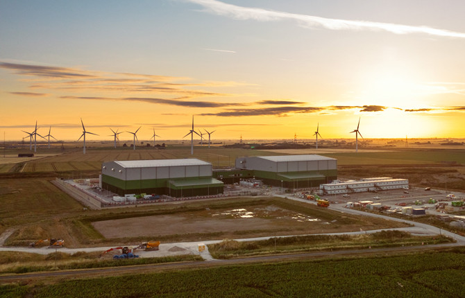 Aerial photo of Viking Link's UK converter station at sunrise