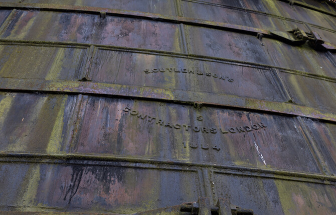 Close up of Great Yarmouth Gas Holder showing the name of the construction company and year of build