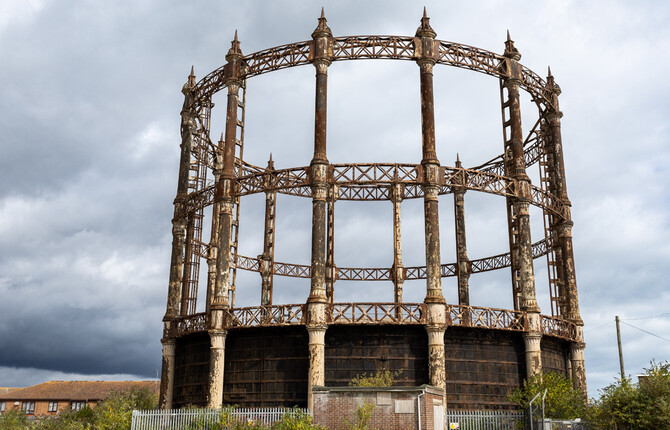 The Great Yarmouth Gas Holder against a cloudy sky