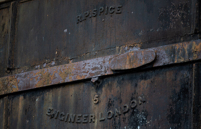 Close up of the Great Yarmouth Gas Holder showing the name of the construction company