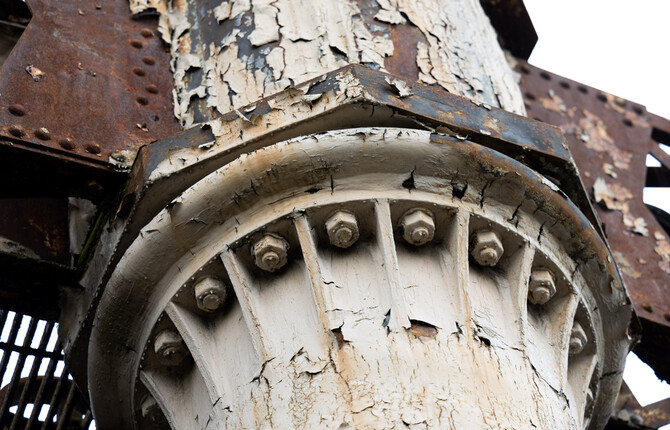 Close up of one of the joints and screws of the Great Yarmouth Gas Holder