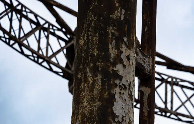 Close up of a very rusty section of the Great Yarmouth Gas Holder with peeling paint