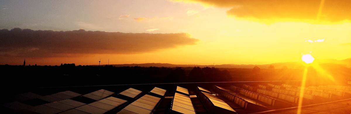 Sunset over solar panels for ESO article