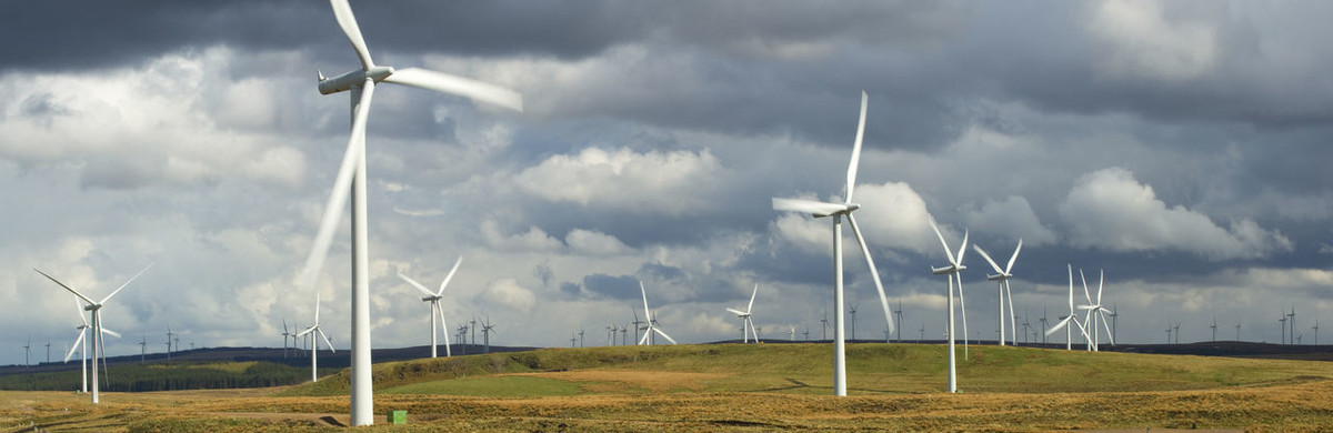 Wind turbines in rolling fields under cloudy grey skies