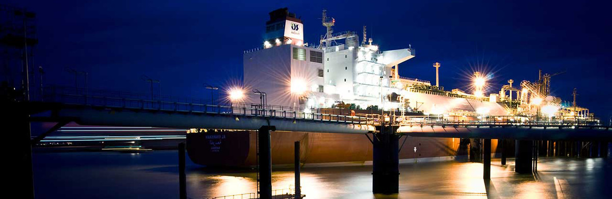 Ship docked at night at Grain LNG in Kent - used for the National Grid story 'Helping to fuel the nation'