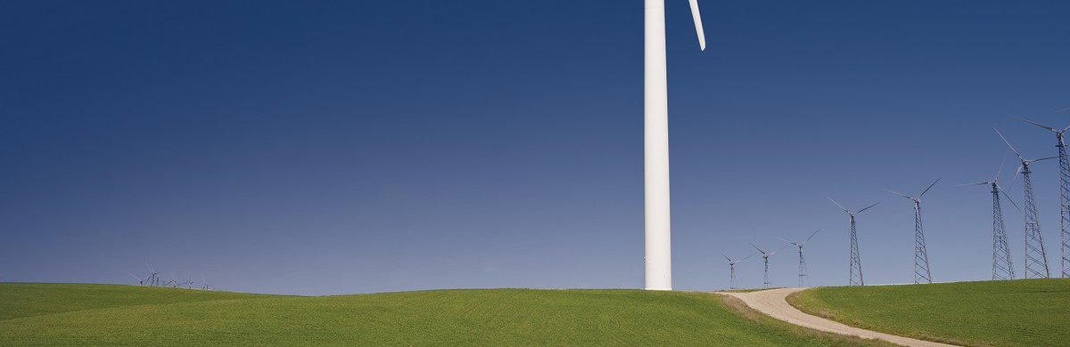 Windfarm against blue skies