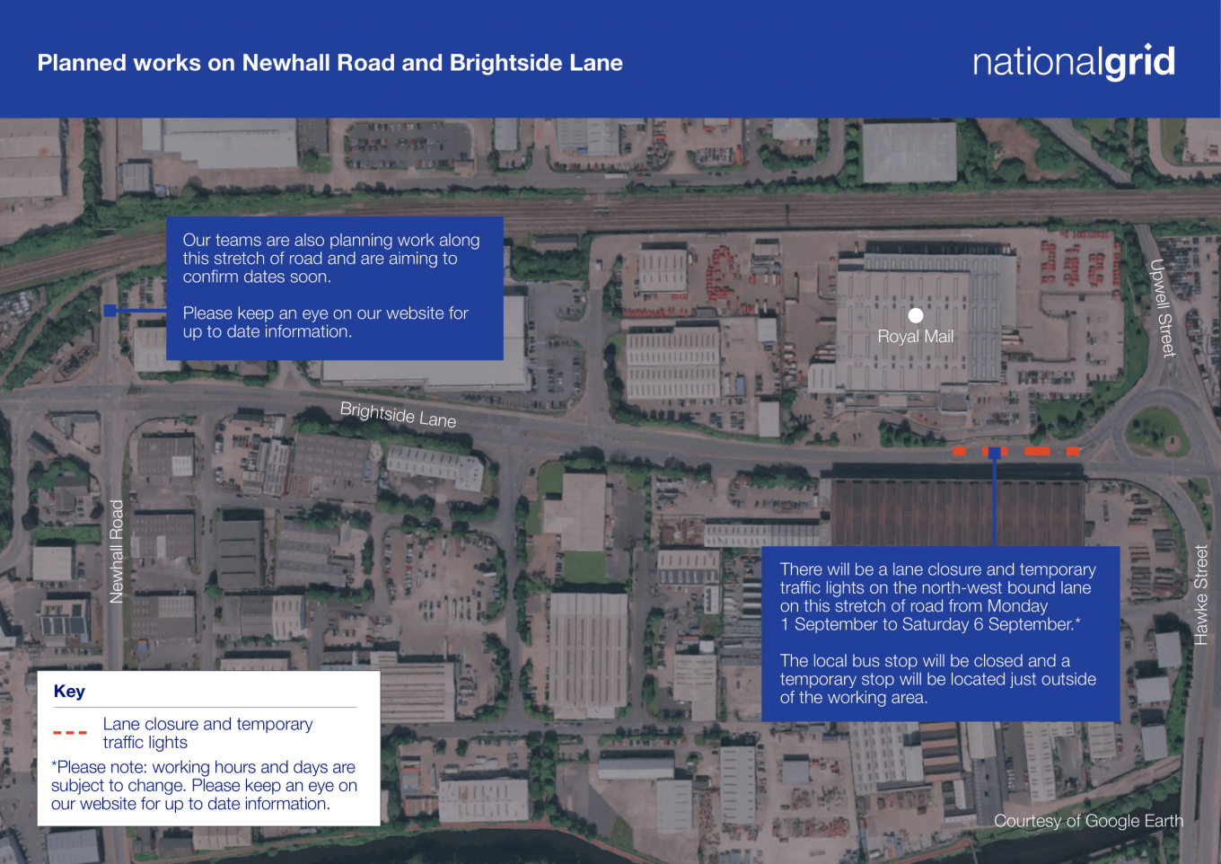 A map showing our working areas for Brightside Lane and Newhall Road