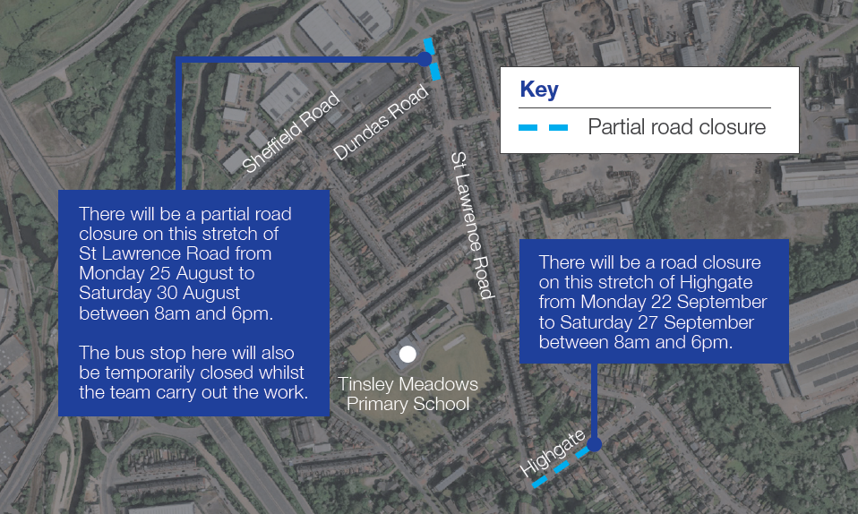 An image of a map showing the working areas in Tinsley for planned survey works.