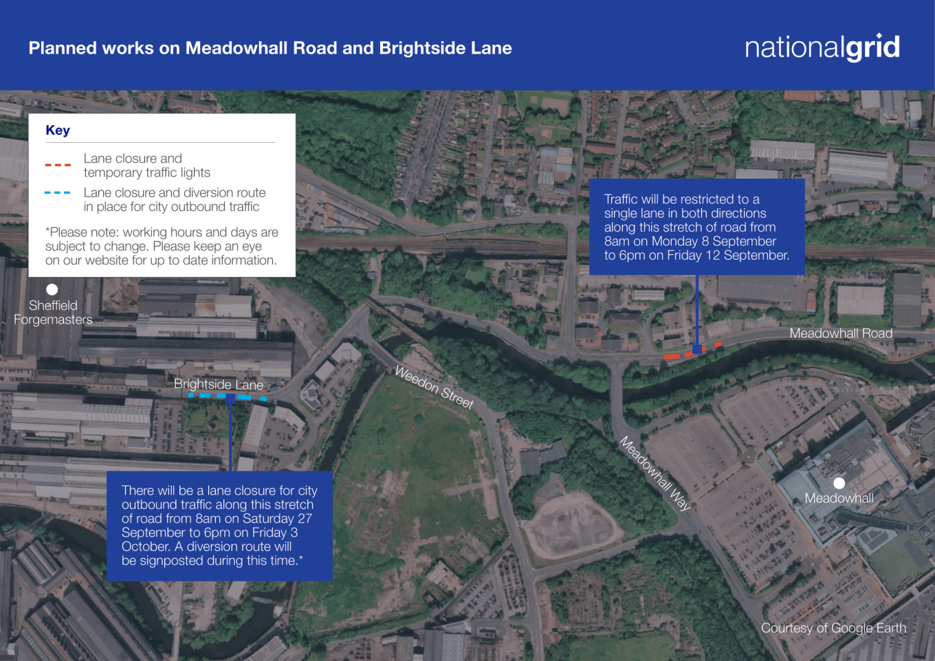 A map showing planned works along Meadowhall Road and Brightside Lane