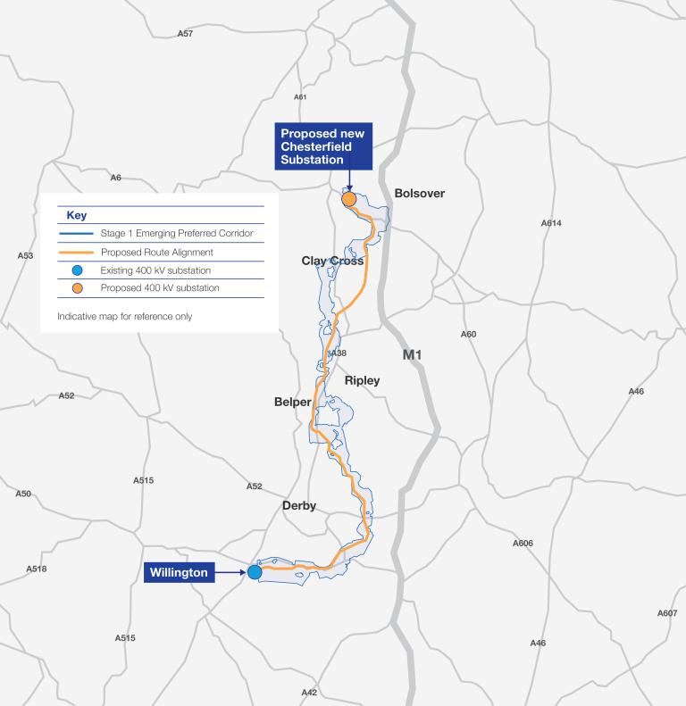 Map of the Chesterfield to Willington Stage 2 Proposed Route Alignment against the Stage 1 Emerging Preferred Corridor