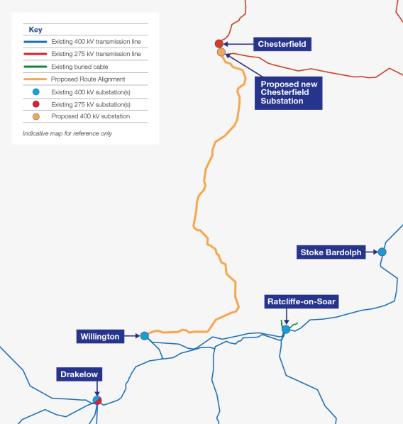 Chesterfield to Willington map of indicative location of Project proposals