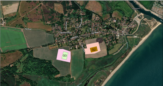 The map highlights the newly proposed landfall location at Walberswick, marked G3, positioned further from the village and original landfall location marked G2.