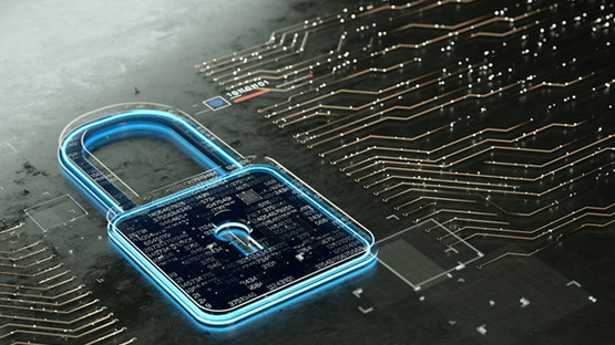 Abstract data security image with virtual lock on data chip