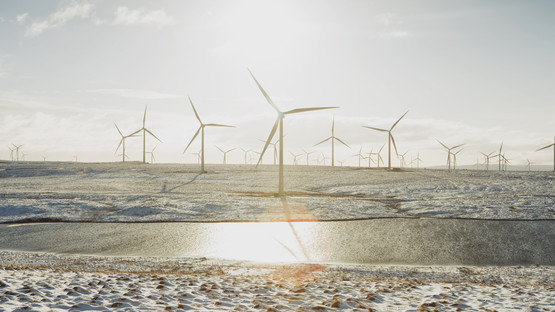 offshore wind farm with bright sunlight