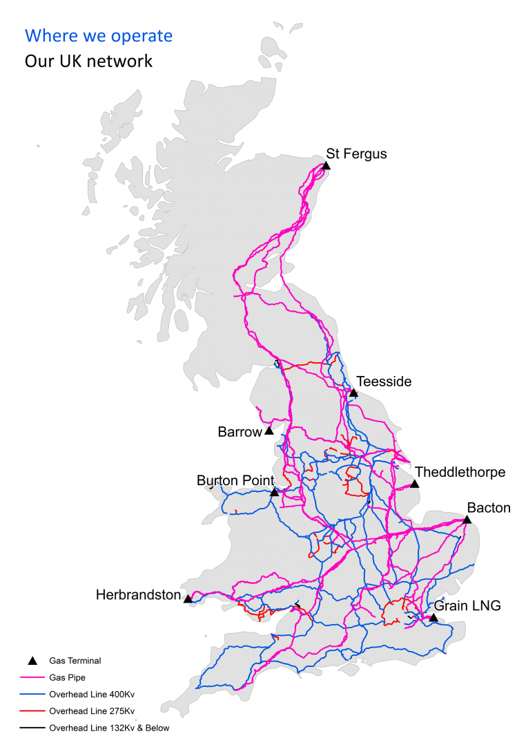 A grey map of Britain on a white background showing where National Grid's gas and electricity networks are